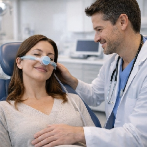 Patient receiving sedation dentistry treatment in Newark while a dentist ensures a comfortable and stress-free dental experience.